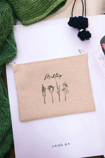 Kişiye Özel Karakalem Çizimli Çiçekler Keten Bez El Çantası