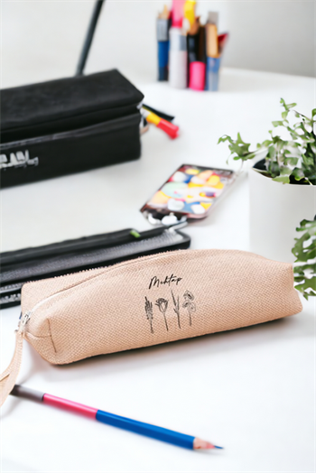 Kişiye Özel Karakalem Çizimli Çiçekler Keten Bez Kalemlik