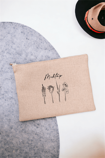 Kişiye Özel Karakalem Çizimli Çiçekler Keten Bez El Çantası