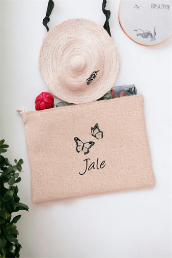 Kişiye Özel Kelebekler Uçuyor İsimli Keten Bez El Çantası
