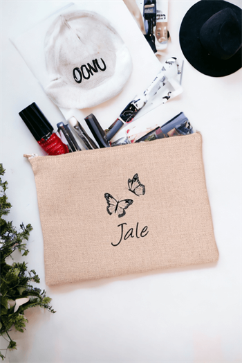Kişiye Özel Kelebekler Uçuyor İsimli Keten Bez El Çantası