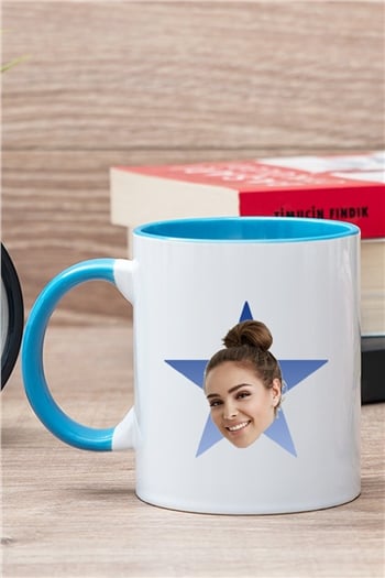 Kişiye Özel Mavi Yıldız Kafa Fotoğraflı İçi Renkli Kupa Bardak