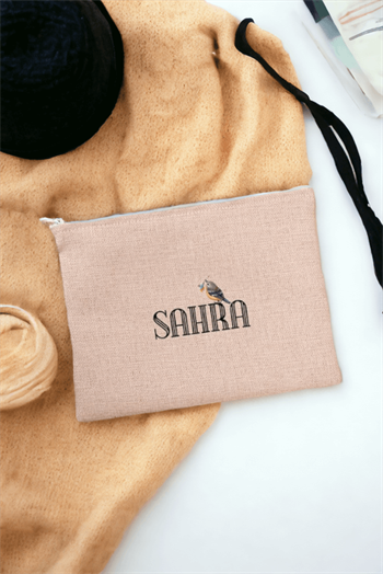 Kişiye Özel Minik Serçe İsim Yazılı Keten Bez El Çantası