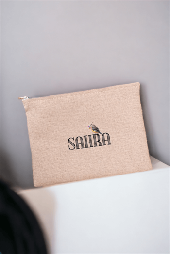 Kişiye Özel Minik Serçe İsim Yazılı Keten Bez El Çantası