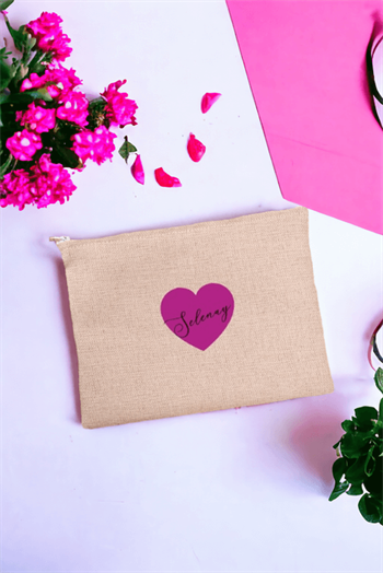 Kişiye Özel Mor Kalpli İsimli Keten Bez El Çantası