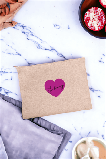 Kişiye Özel Mor Kalpli İsimli Keten Bez El Çantası