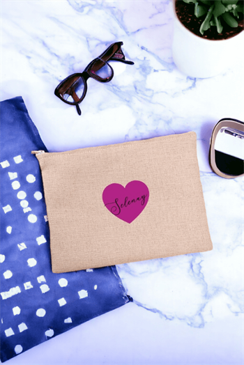 Kişiye Özel Mor Kalpli İsimli Keten Bez El Çantası