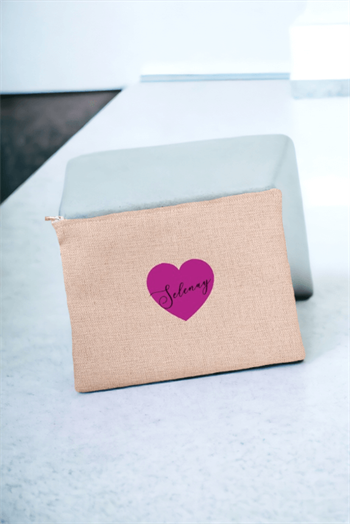 Kişiye Özel Mor Kalpli İsimli Keten Bez El Çantası