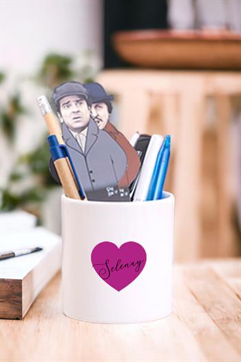 Kişiye Özel Mor Kalpli İsimli Seramik Kalemlik