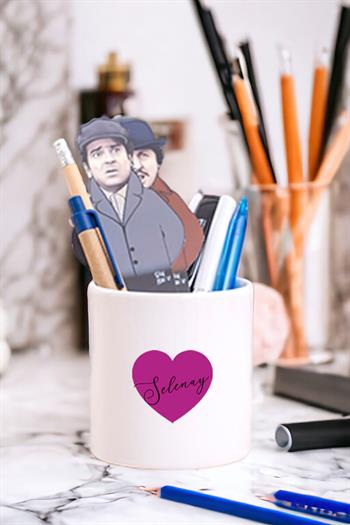 Kişiye Özel Mor Kalpli İsimli Seramik Kalemlik