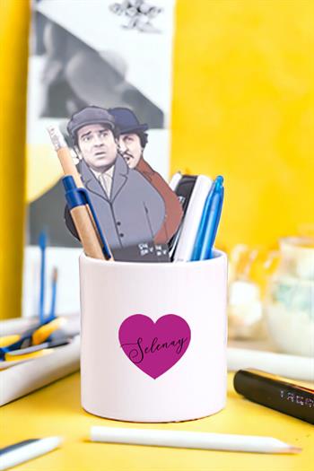 Kişiye Özel Mor Kalpli İsimli Seramik Kalemlik