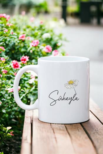 Kişiye Özel Papatya Tasarımlı İsimli Beyaz Kupa Bardak