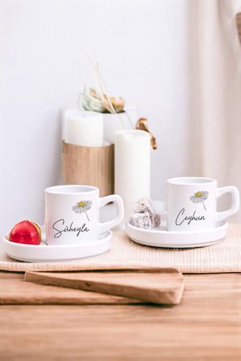 Kişiye Özel Papatya Tasarımlı İsimli İkili Concept Türk Kahvesi Fincanı
