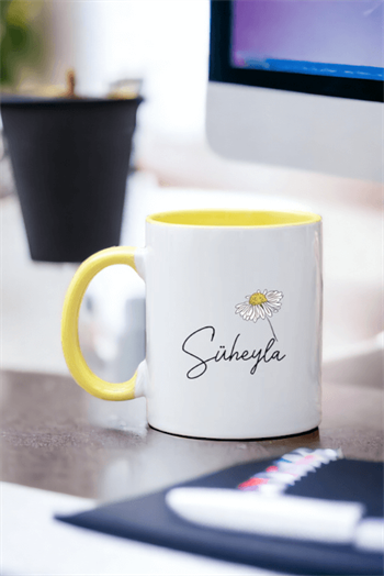 Kişiye Özel Papatya Tasarımlı İsimli İçi Renkli Kupa Bardak