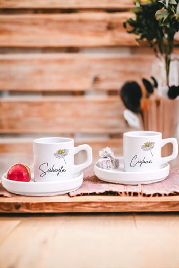 Kişiye Özel Papatya Tasarımlı İsimli İkili Concept Türk Kahvesi Fincanı