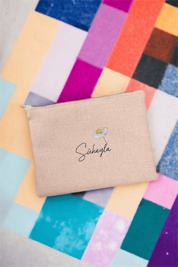 Kişiye Özel Papatya Tasarımlı İsimli Keten Bez El Çantası