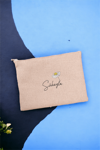 Kişiye Özel Papatya Tasarımlı İsimli Keten Bez El Çantası