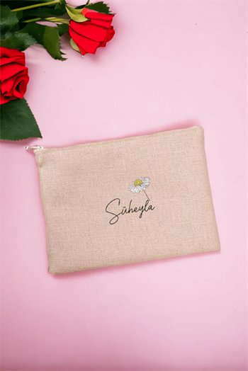 Kişiye Özel Papatya Tasarımlı İsimli Keten Bez El Çantası