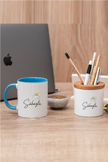 Kişiye Özel Papatya Tasarımlı İsimli Renkli Kupa Bardak ve Kalemlik