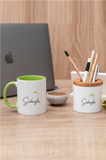 Kişiye Özel Papatya Tasarımlı İsimli Renkli Kupa Bardak ve Kalemlik