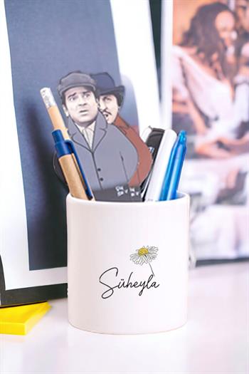 Kişiye Özel Papatya Tasarımlı İsimli Seramik Kalemlik