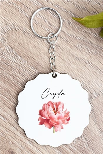 Kişiye Özel Pembe Çiçekli İsme Özel Anahtarlık
