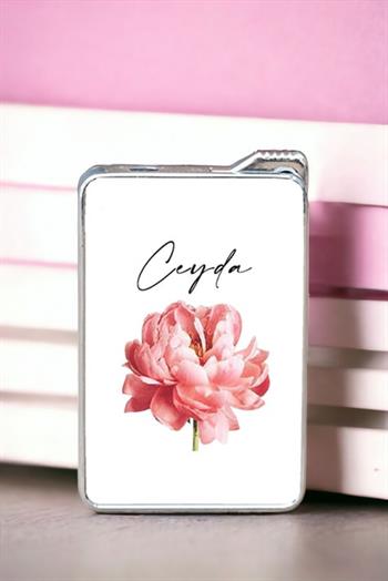 Kişiye Özel Pembe Çiçekli İsme Özel Çakmak