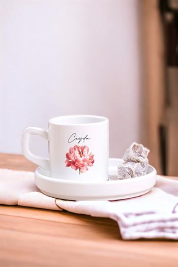 Kişiye Özel Pembe Çiçekli İsme Özel Concept Türk Kahvesi Fincanı