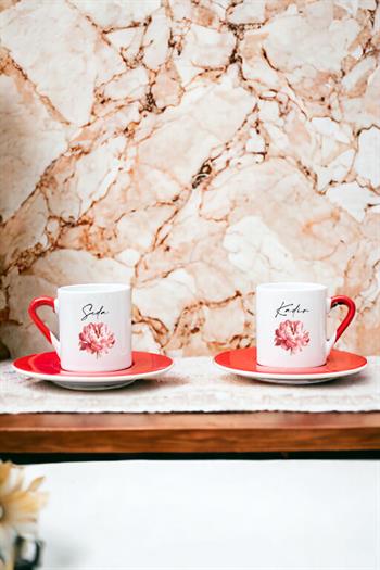 Kişiye Özel Pembe Çiçekli İsme Özel İkili Kırmızı Türk Kahvesi Fincanı