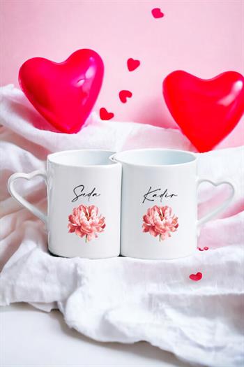 Kişiye Özel Pembe Çiçekli İsme Özel İkili Sevgili Kupası