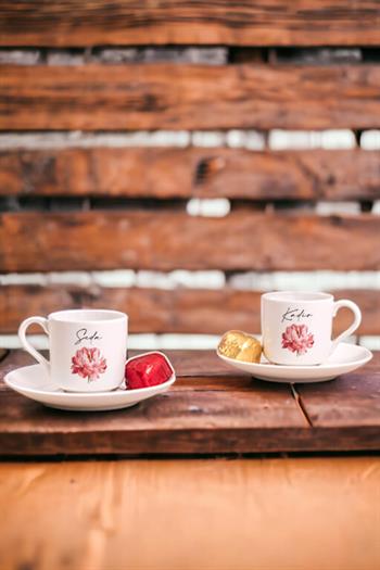 Kişiye Özel Pembe Çiçekli İsme Özel İkili Porselen Türk Kahvesi Fincanı
