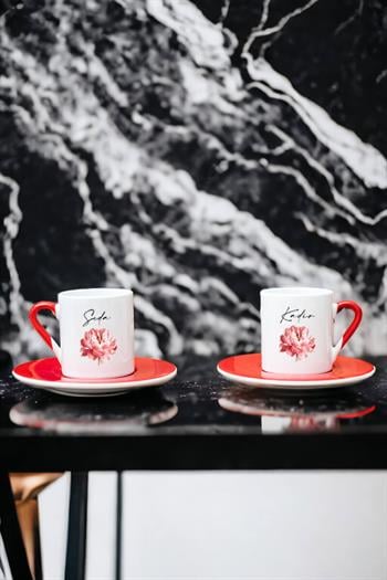 Kişiye Özel Pembe Çiçekli İsme Özel İkili Kırmızı Türk Kahvesi Fincanı