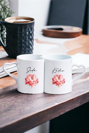 Kişiye Özel Pembe Çiçekli İsme Özel İkili Sevgili Kupası