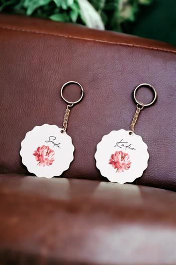 Kişiye Özel Pembe Çiçekli İsme Özel İkili Anahtarlık