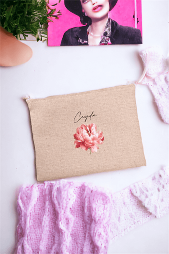 Kişiye Özel Pembe Çiçekli İsme Özel Keten Bez El Çantası