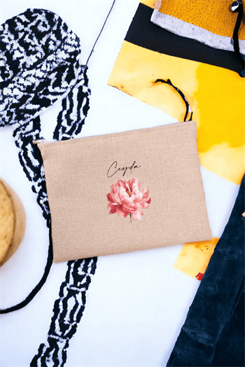 Kişiye Özel Pembe Çiçekli İsme Özel Keten Bez El Çantası