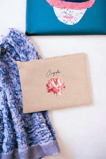 Kişiye Özel Pembe Çiçekli İsme Özel Keten Bez El Çantası