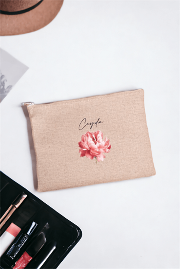 Kişiye Özel Pembe Çiçekli İsme Özel Keten Bez El Çantası