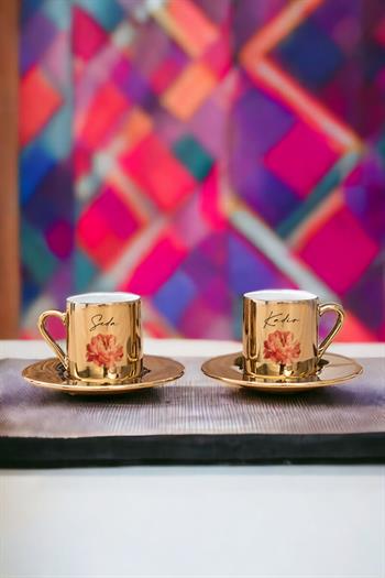 Kişiye Özel Pembe Çiçekli İsme Özel Porselen İkili Gold - Silver Türk Kahvesi Fincanı