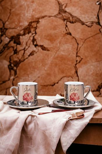 Kişiye Özel Pembe Çiçekli İsme Özel Porselen İkili Gold - Silver Türk Kahvesi Fincanı