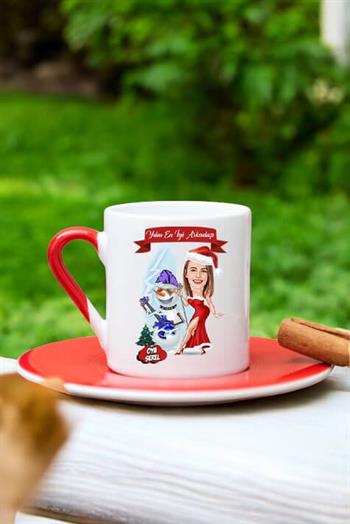 Kız Arkadaşa Yılbaşı Hediyesi Karikatürlü Kırmızı Türk Kahvesi Fincanı