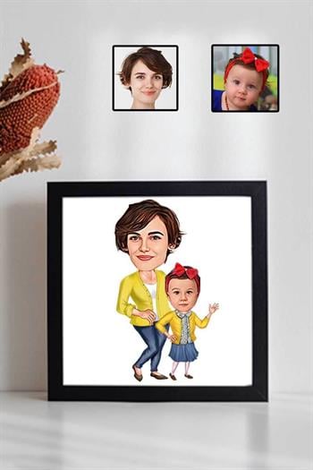 Kız Çocuktan Anneye Anneler Günü Hediyesi Karikatürlü Kare Çerçeve