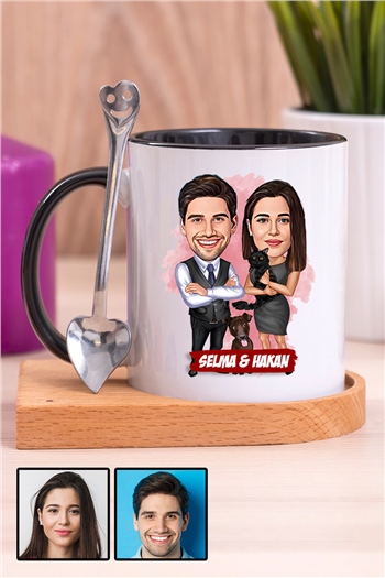 Komik Sevgililer Günü Hediyesi Karikatürlü Ahşap Altlıklı İçi Renkli Kupa Bardak