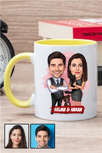 Kocaya 14 Şubat Sevgililer Günü Hediyesi Karikatürlü İçi Renkli Kupa Bardak