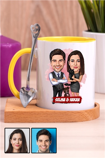 Komik Sevgililer Günü Hediyesi Karikatürlü Ahşap Altlıklı İçi Renkli Kupa Bardak