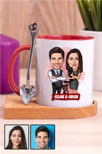 Komik Sevgililer Günü Hediyesi Karikatürlü Ahşap Altlıklı İçi Renkli Kupa Bardak