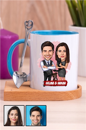 Komik Sevgililer Günü Hediyesi Karikatürlü Ahşap Altlıklı İçi Renkli Kupa Bardak