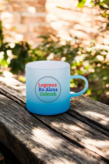 Logo Baskılı Mavi Renk Promosyon Buzlu Cam Kahve Fincanı