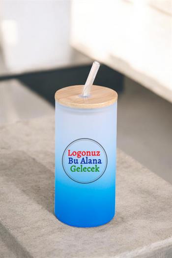 Logo Baskılı Mavi Renk Promosyon Pipetli Cam Bardak
