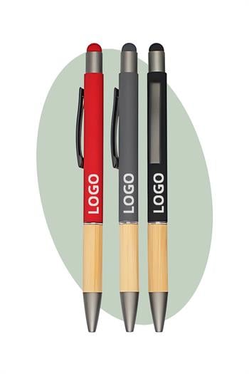 Toucphen Özellikli Bambu Detaylı Promosyon Rubber Metal Tükenmez Kalem 4841-Pİ